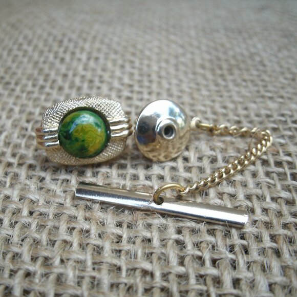 Vintage Swank Tie Tack & Cufflink Set Green & Gold - Picture 10 of 16